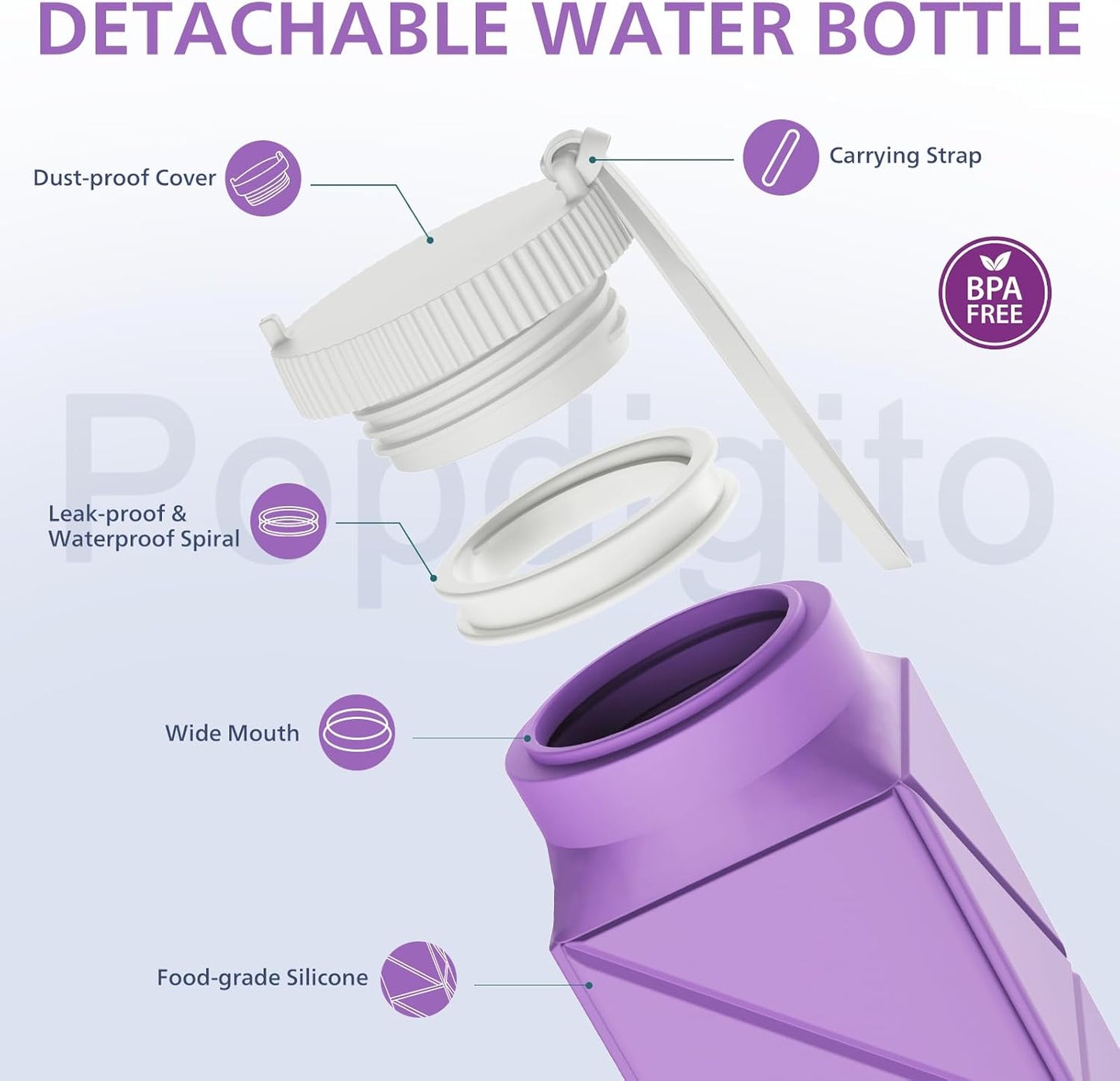 610ml Collapsible Water Bottles Upgrade Foldable Water Bottle BPA Free Reusable Lightweight LeakProof Silicone Water Bottles 20.6oz for Travel Gym Hiking Office Camping Sport Light Purple