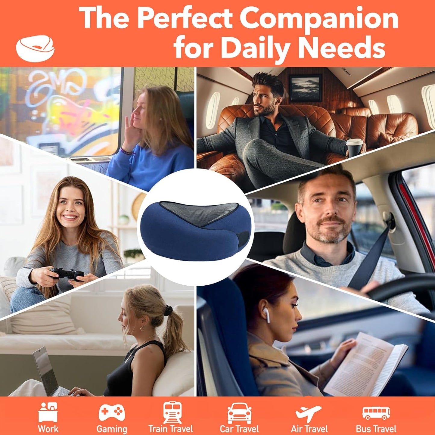 Travel Pillow | High-Density Memory Foam Pillow with 360° Surround Support. Ergonomically Designed. Ideal for Airplane Travel and Home Use.