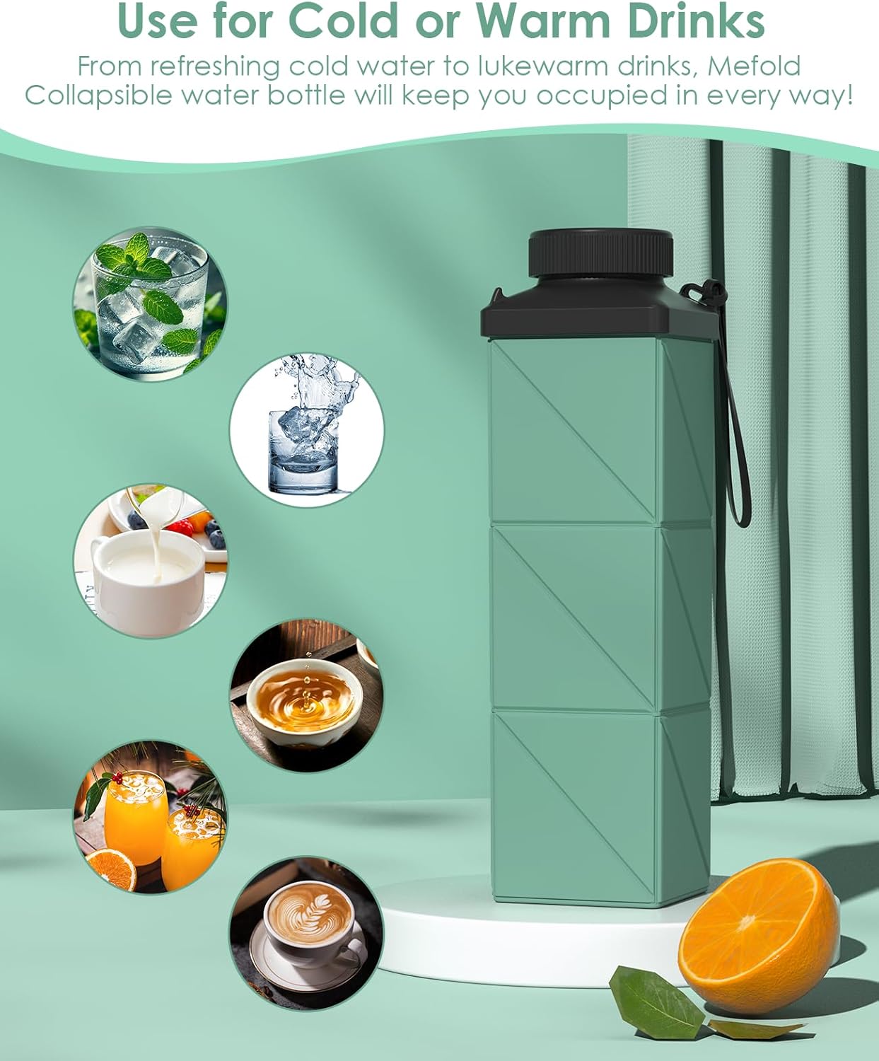 Collapsible Water Bottle, 2nd Generation Leakproof BPA-Free Travel 24.3oz(720ml), Lightweight Reusable, Portable for Travel Cycling Gym Camping Sports, Green