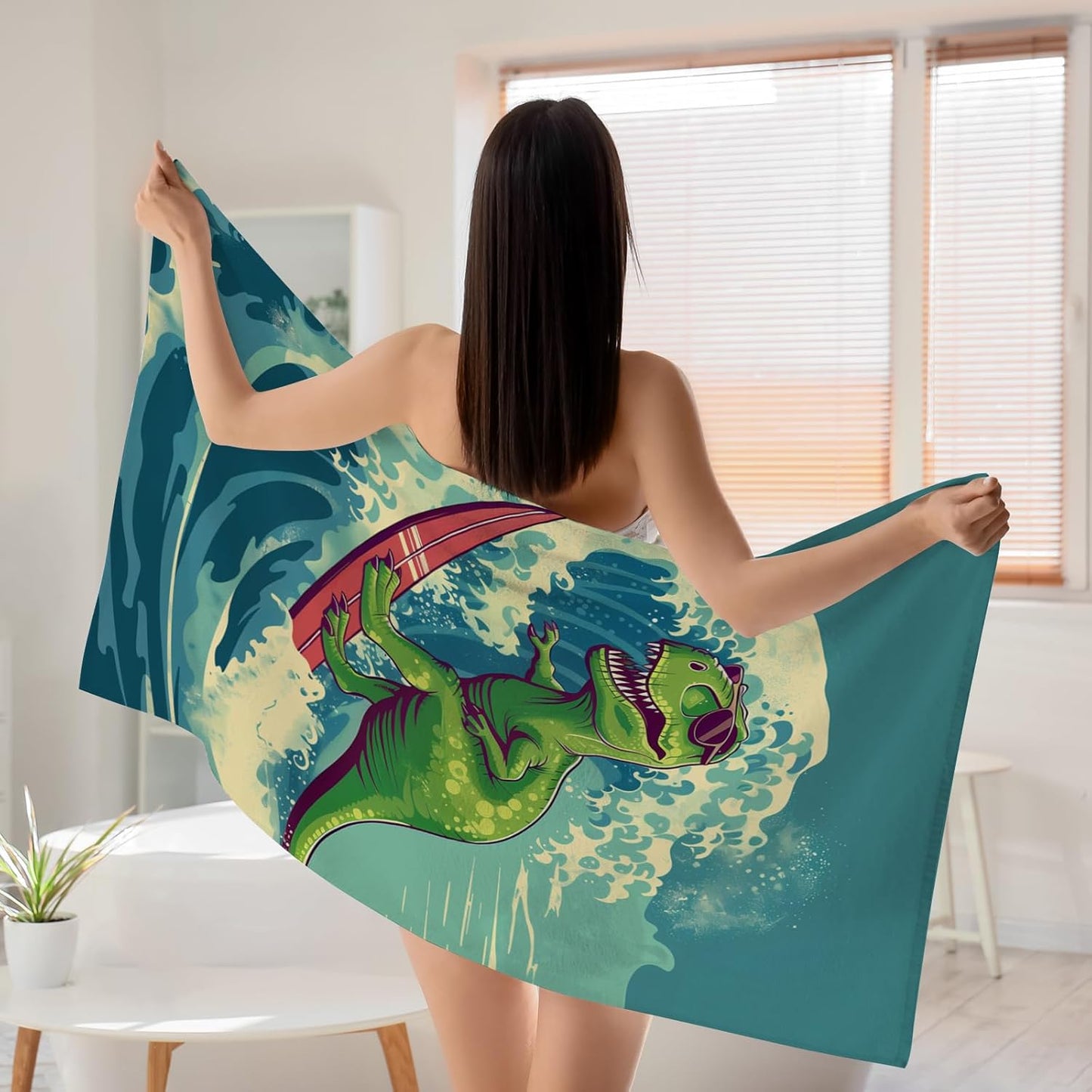 WZOMT Kids Dinosaur Beach Towel, Microfiber Dinosaurs Towels for Boys Toddler, Funny Green Dinosaur Surfing on Blue Wave Ocean Dino Bath Towel for Swim Pool Travel, Oversized 32x52 Inch