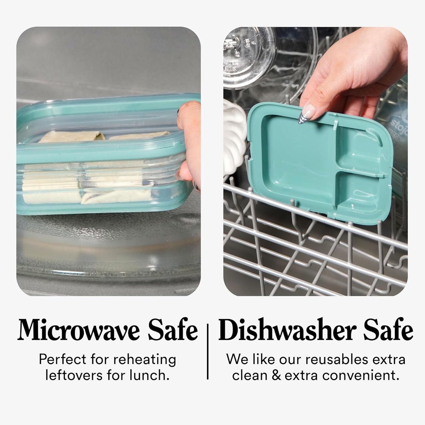 STOJO Collapsible Bento Box, Reusable, Leak-Proof, Microwave & Dishwasher Safe, Premium Lunch Container with Divider – Space-Saving, Transparent Design (Eucalyptus, 2.75-Cup/650mL)