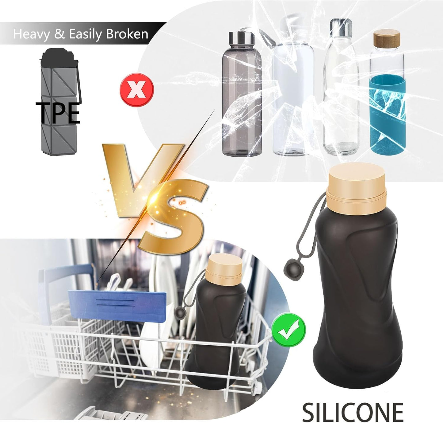 Collapsible Water Bottles 2 Pack,Leak Proof,Reuseable BPA Free Silicone Foldable Water Bottles,Durable Lightweight for Travel Gym Camping Hiking,Compact Size Portable Sports Water Bottle (Black&Blue)