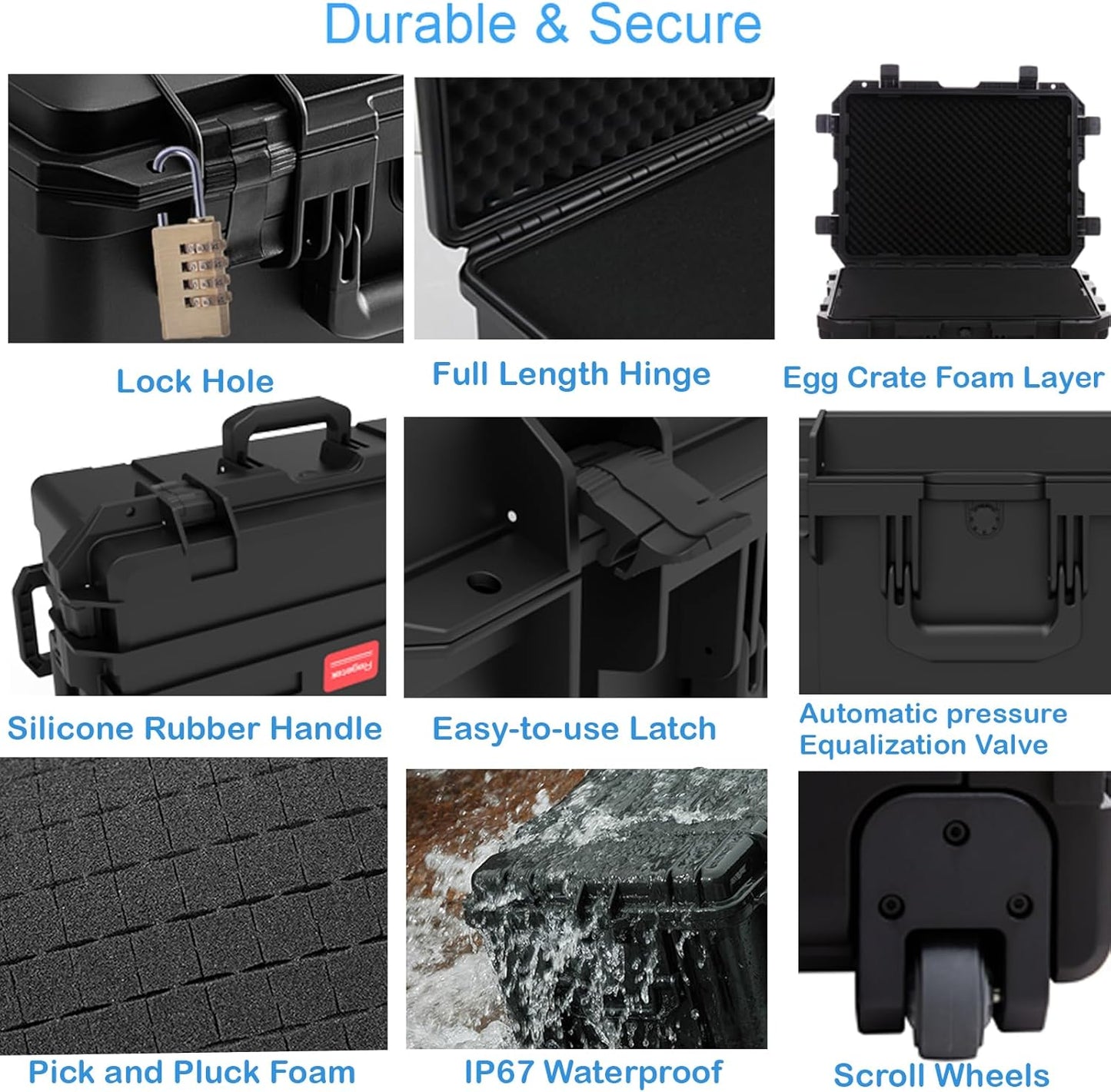 Waterproof Hard Case,27 x 20 x 13 Inch, Equipment Rolling Hard Case with Foam/Wheels/Retractable Handle for camera, Drone,tool, electronics,Shockproof, TSA Friendly, Inner 21.6"X 14.6"X10.2"