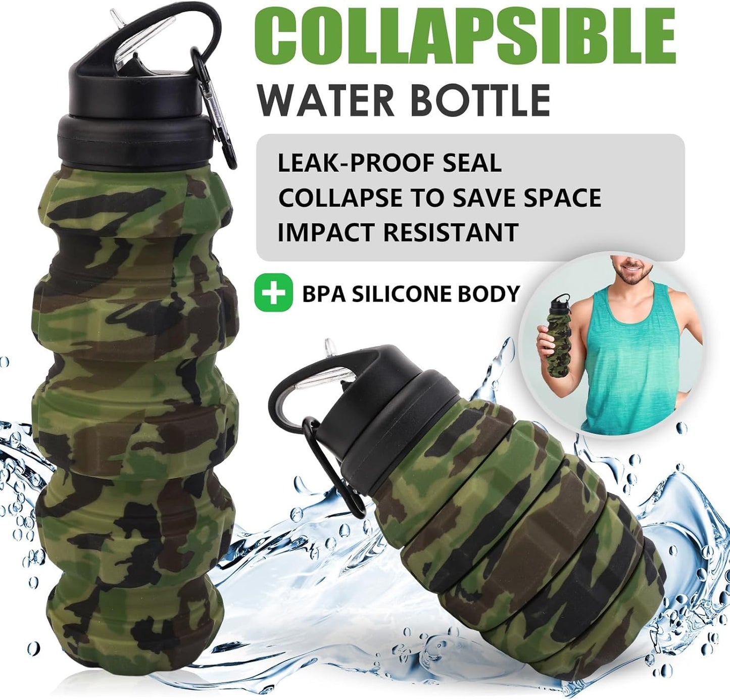 Collapsible Travel Water Bottle18oz, Reuseable Silicone Foldable Water Bottles for Gym Camping Hiking, Portable Leak Proof Sports Water Bottle with rugby Carabiner (Grey)