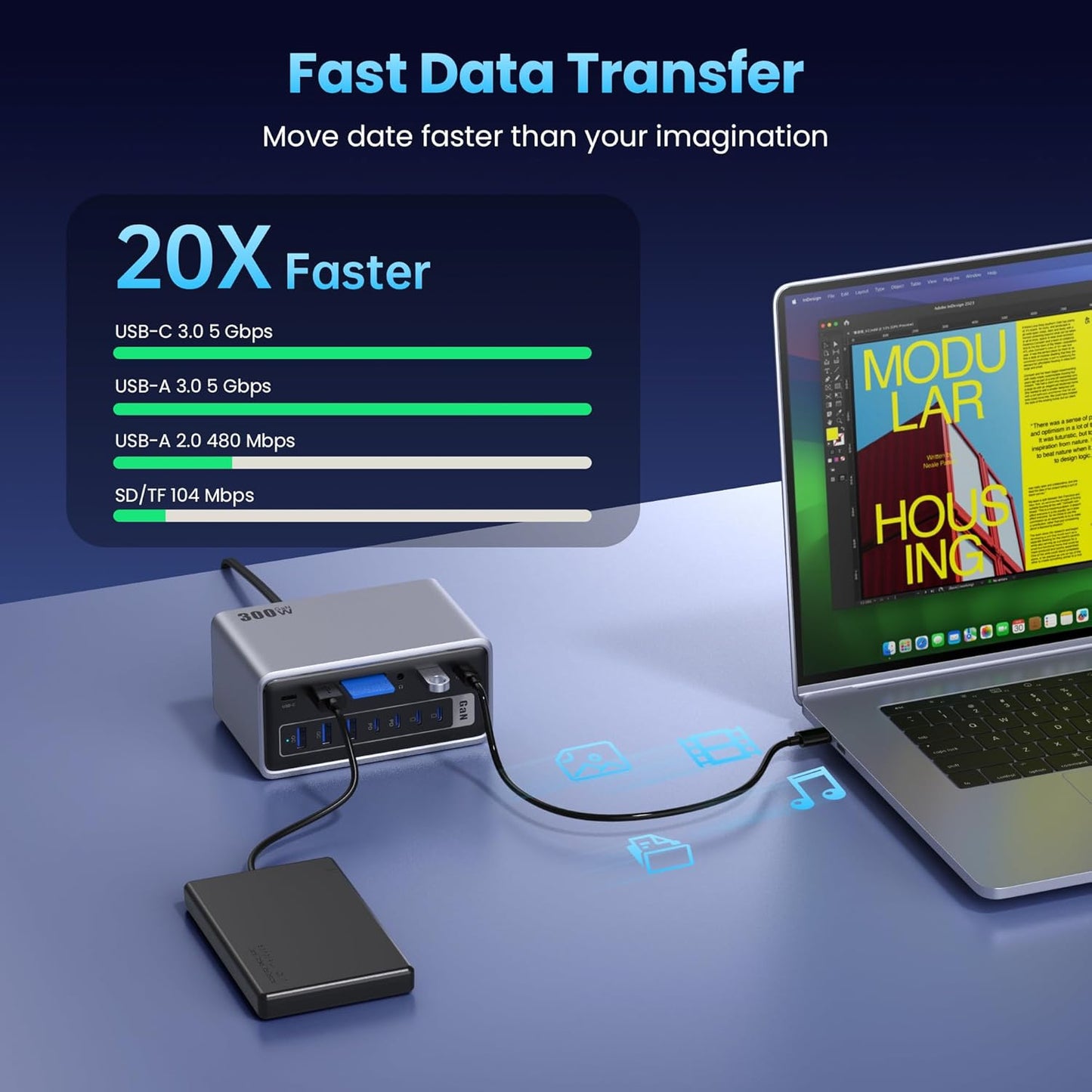 20-in-1 300W Charging Station,USB Docking Station Triple Display USB C Hub with 2x4K HDMI,DP,VGA,Ethernet,7 USB A/C Ports,5Gbps USB A/C Ports,SD/TF,Audio,100W PD Fast Laptop Charger for Windows/macOS