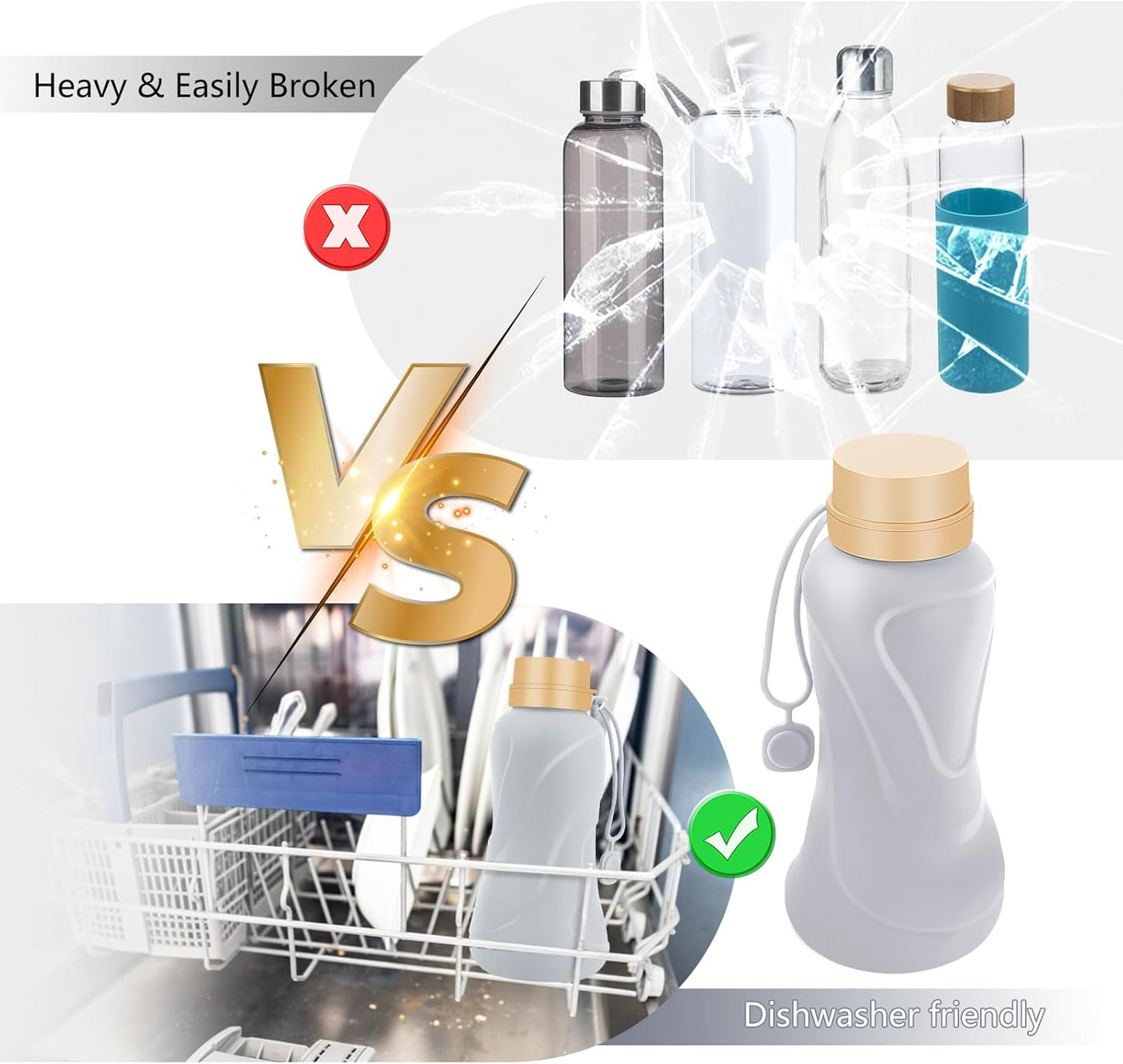 Collapsible Water Bottles 2 Pack,Leak Proof,Reuseable BPA Free Silicone Foldable Water Bottles,Durable Lightweight for Travel Gym Camping Hiking,Compact Size Portable Sports Water Bottle (Black&Grey)