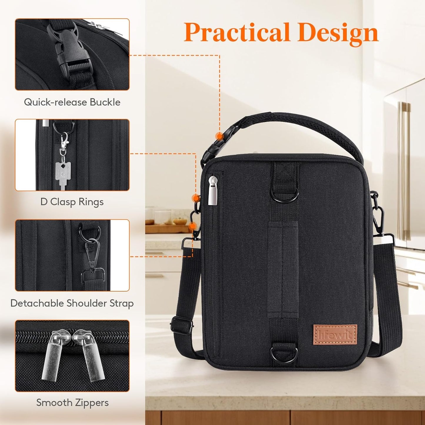 Lifewit Insulated Lunch Box for Men, Expandable Cooler Bag, Freezable Lunch Bag for Women with 2 Ice Packs and Shoulder Straps for Work Travel College, 8.2L Black