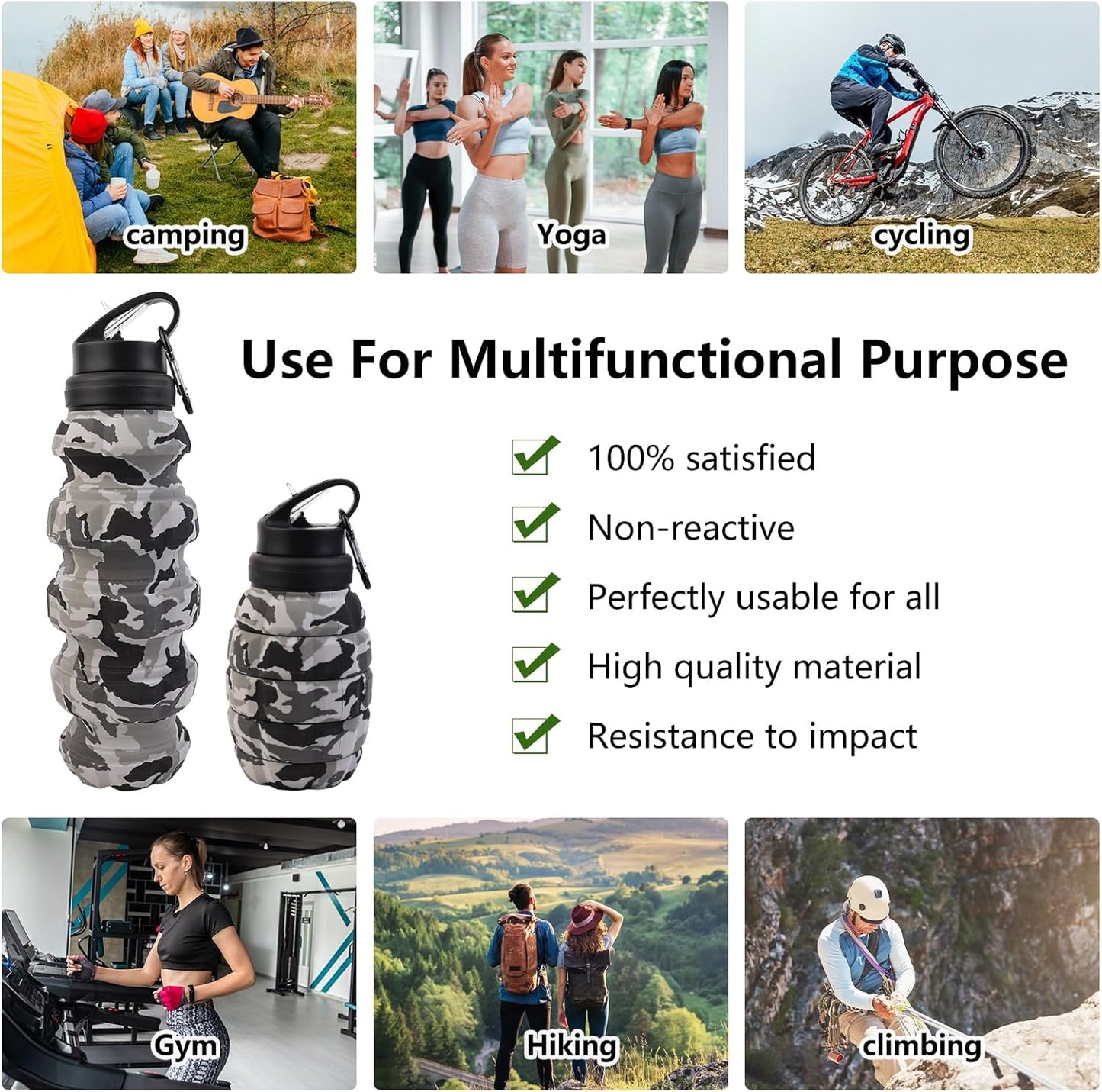 Collapsible Travel Water Bottle18oz, Reuseable Silicone Foldable Water Bottles for Gym Camping Hiking, Portable Leak Proof Sports Water Bottle with rugby Carabiner (Green)