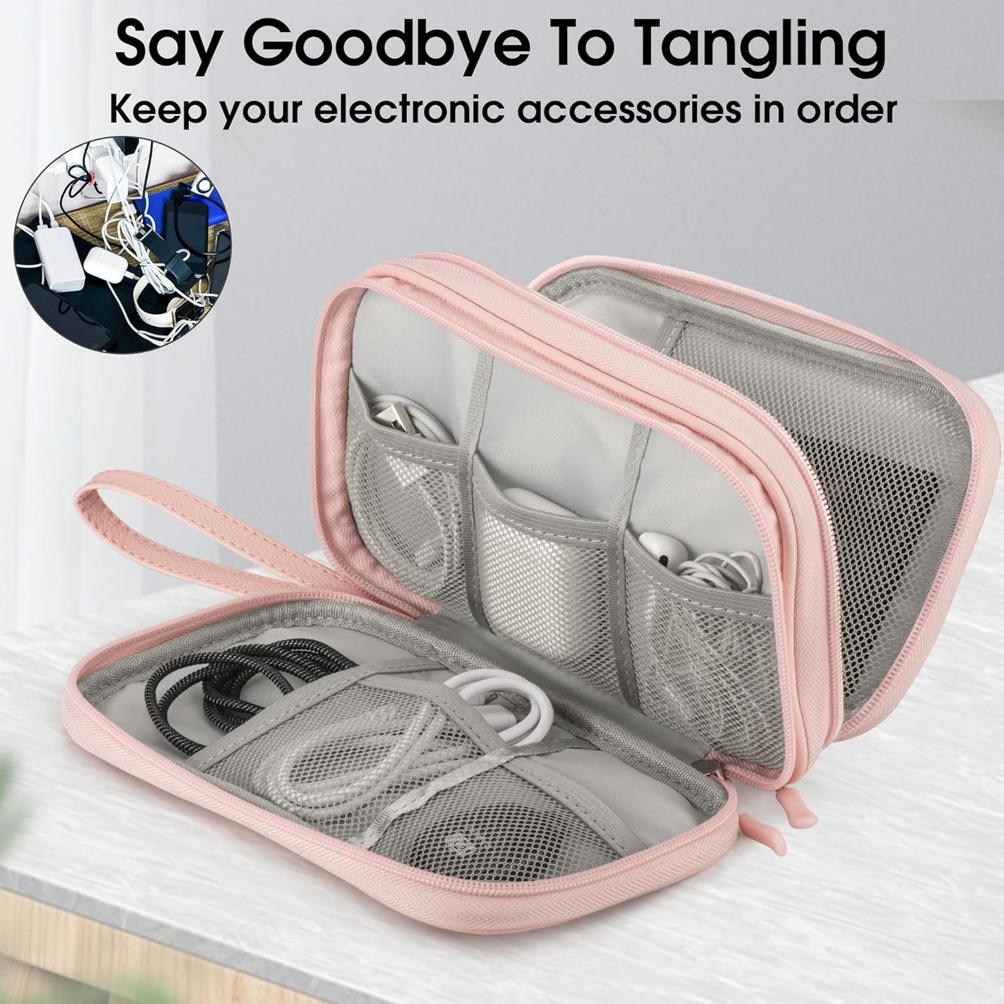 Leather Travel Electronic Organizer - Double Layer, Waterproof Case for Cables, Chargers, Phones & More - Portable, Shockproof Pouch for All Your Electronics Accessories (Light Pink, M)