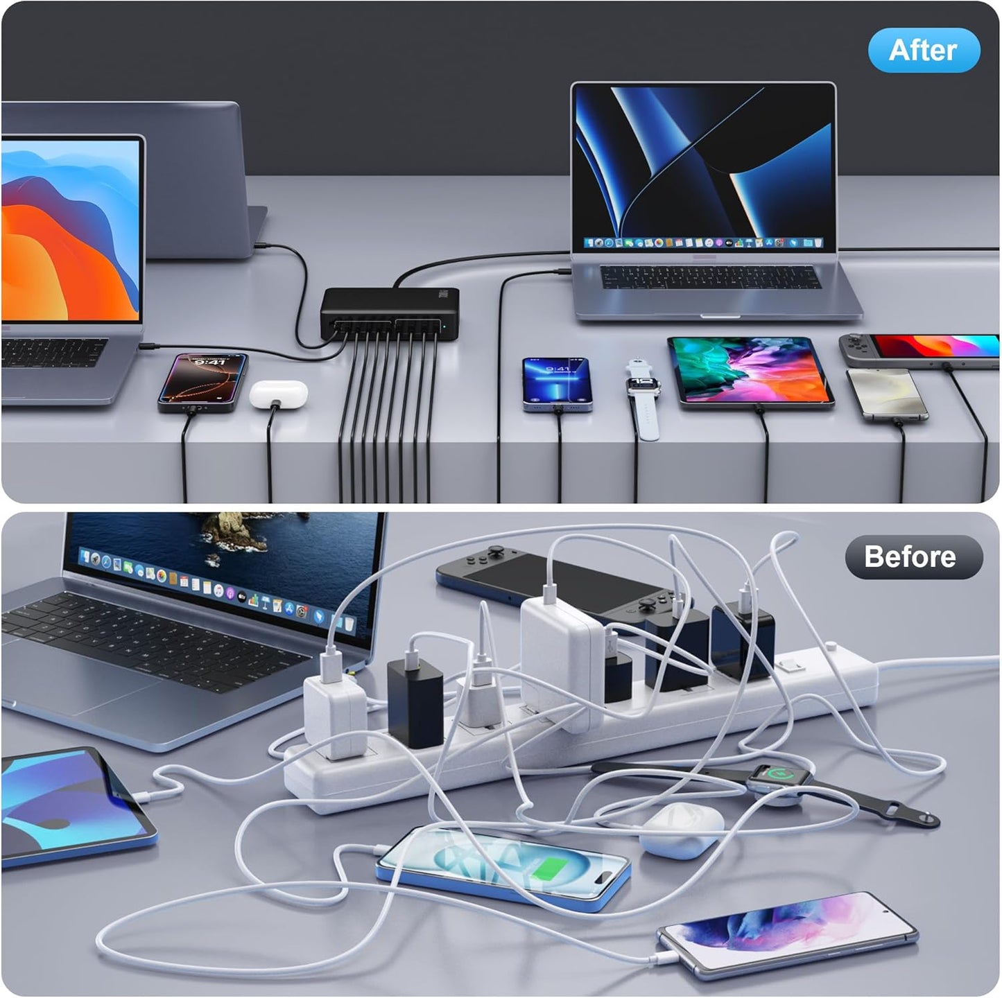 730W USB C Charger Block,10-Ports GaN V Fast Charging Station Hub,QC4.0+3 PD 100W Laptop Charger Wall Power Adapter for MacBook Pro/Air,DELL,iPhone 17/16/15/14,iPad,Galaxy S25,Pixel,Steam Desk-Black