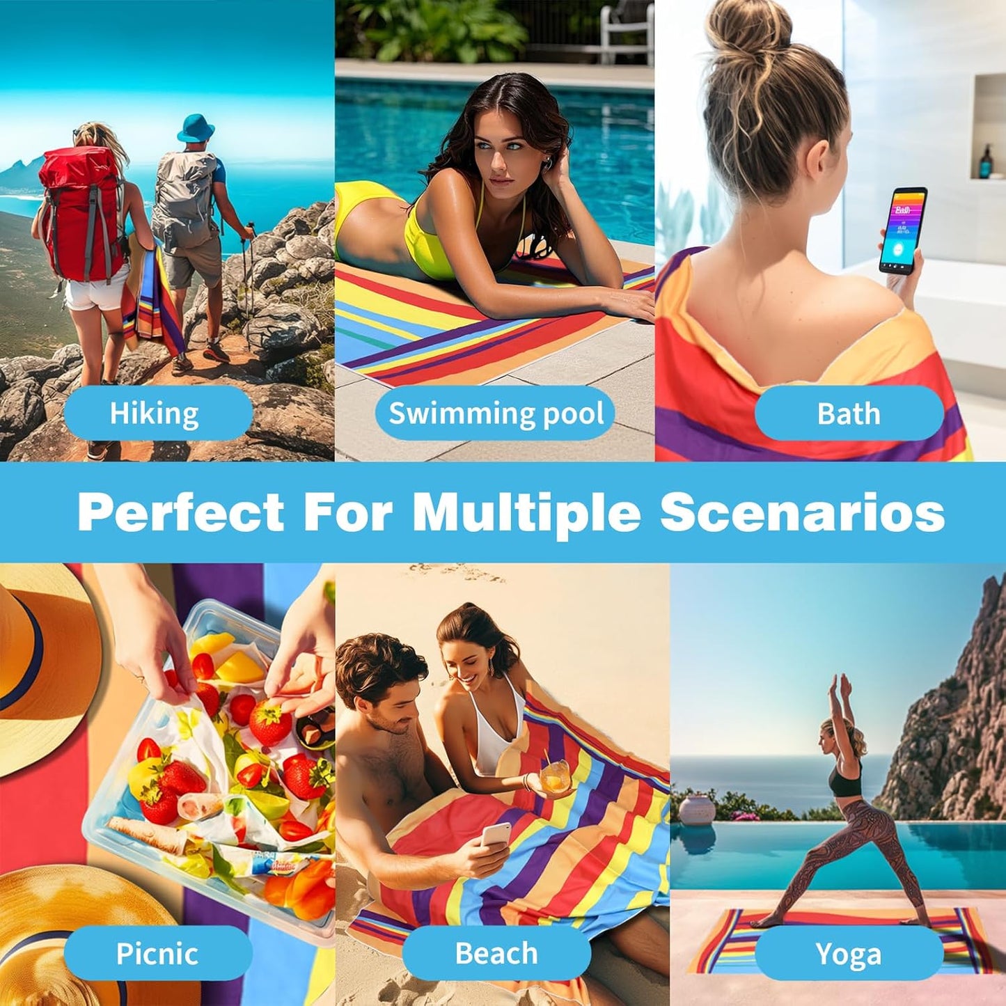 Large Beach Towel, 71" x 39" Oversized Lightweight Compact Quick Dry Sand Free Towel for Travel Swim Pool Yoga Gym Camping (Multicolored Wave)