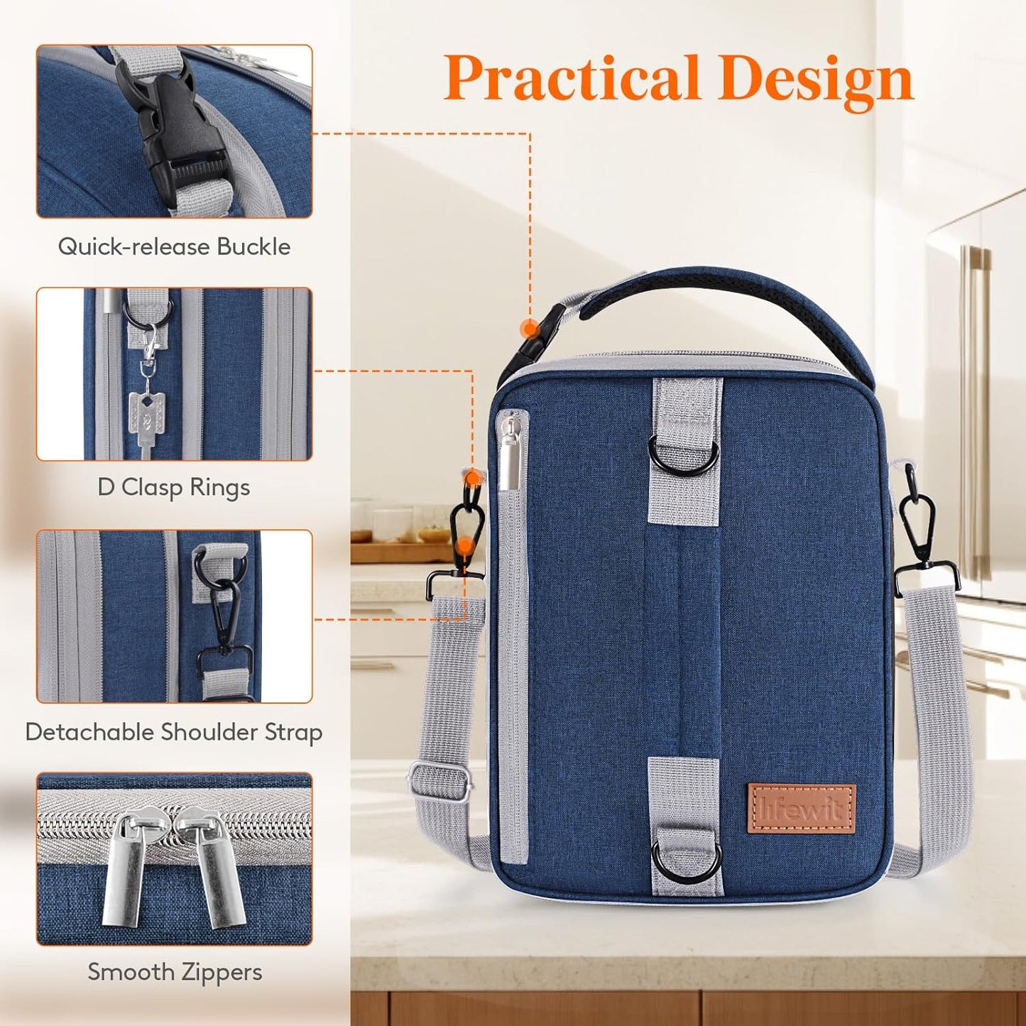 Lifewit Insulated Lunch Box for Men, Expandable Cooler Bag, Freezable Lunch Bag for Women with 2 Ice Packs and Shoulder Straps for Work Travel College, 8.2L Gray and Blue