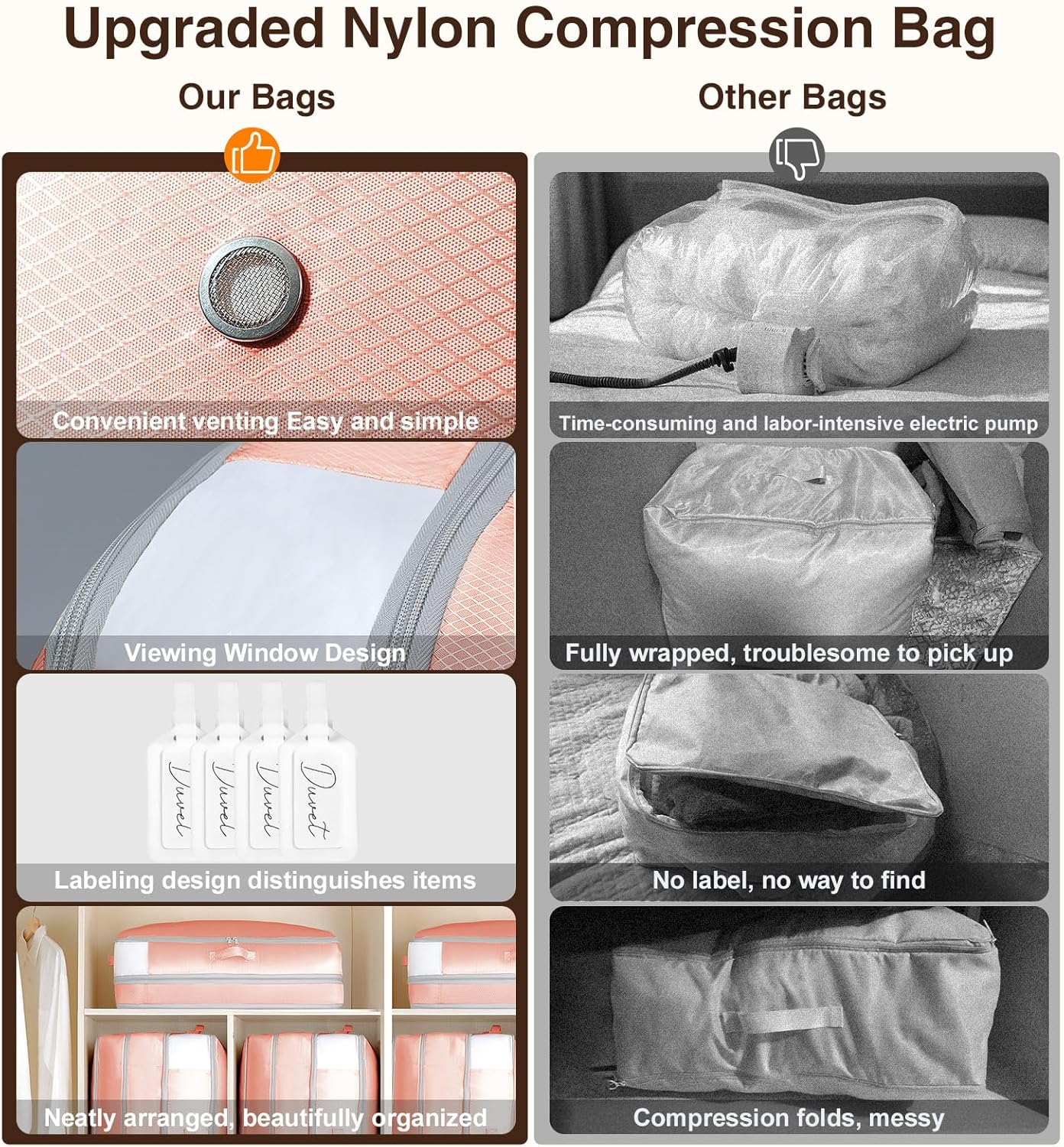 1 Pack Compression Storage Bags - 110L Large Capacity Comforter Storage Bag, 3-Layer Washable Ultra Space Saving Self Compression Organizer Space Bags for Blankets, Sweaters, Sheets, Pink