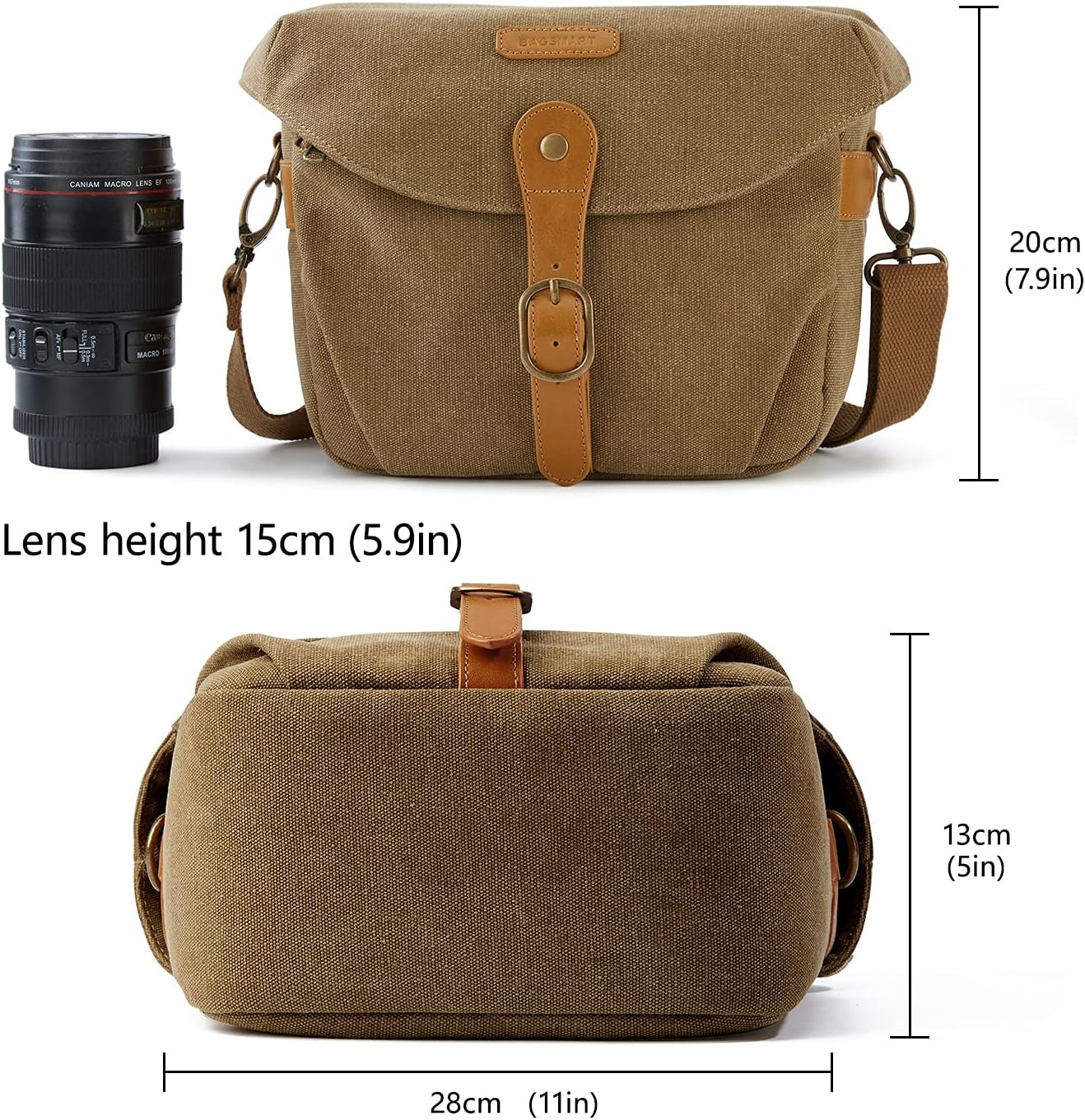 BAGSMART Camera Bag, SLR DSLR Canvas Crossbody Camera Case, Compact Camera Shoulder Bag with Rain Cover for Women and Men, Khaki