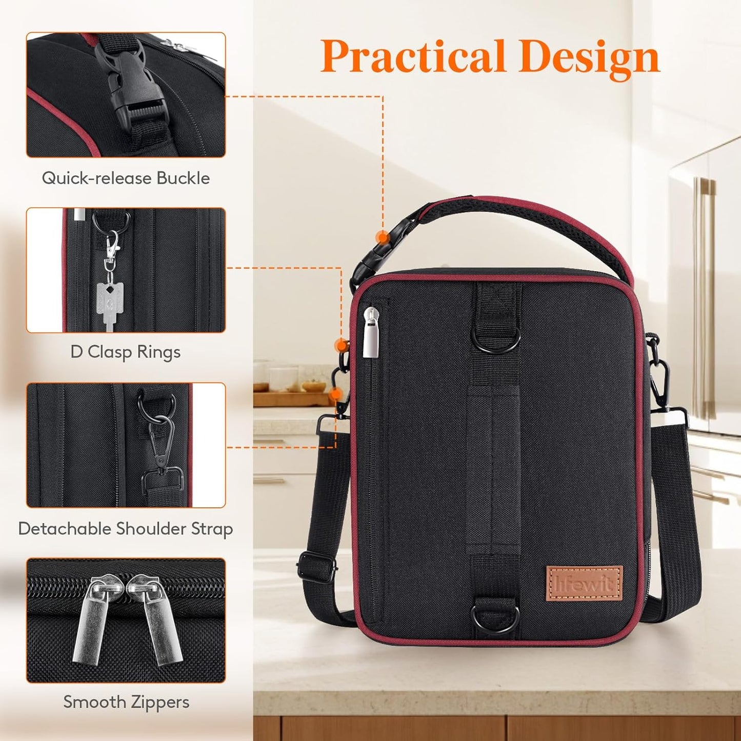 Lifewit Insulated Lunch Box for Men, Expandable Cooler Bag, Freezable Lunch Bag for Women with 2 Ice Packs and Shoulder Straps for Work Travel College, 8.2L Black and Red