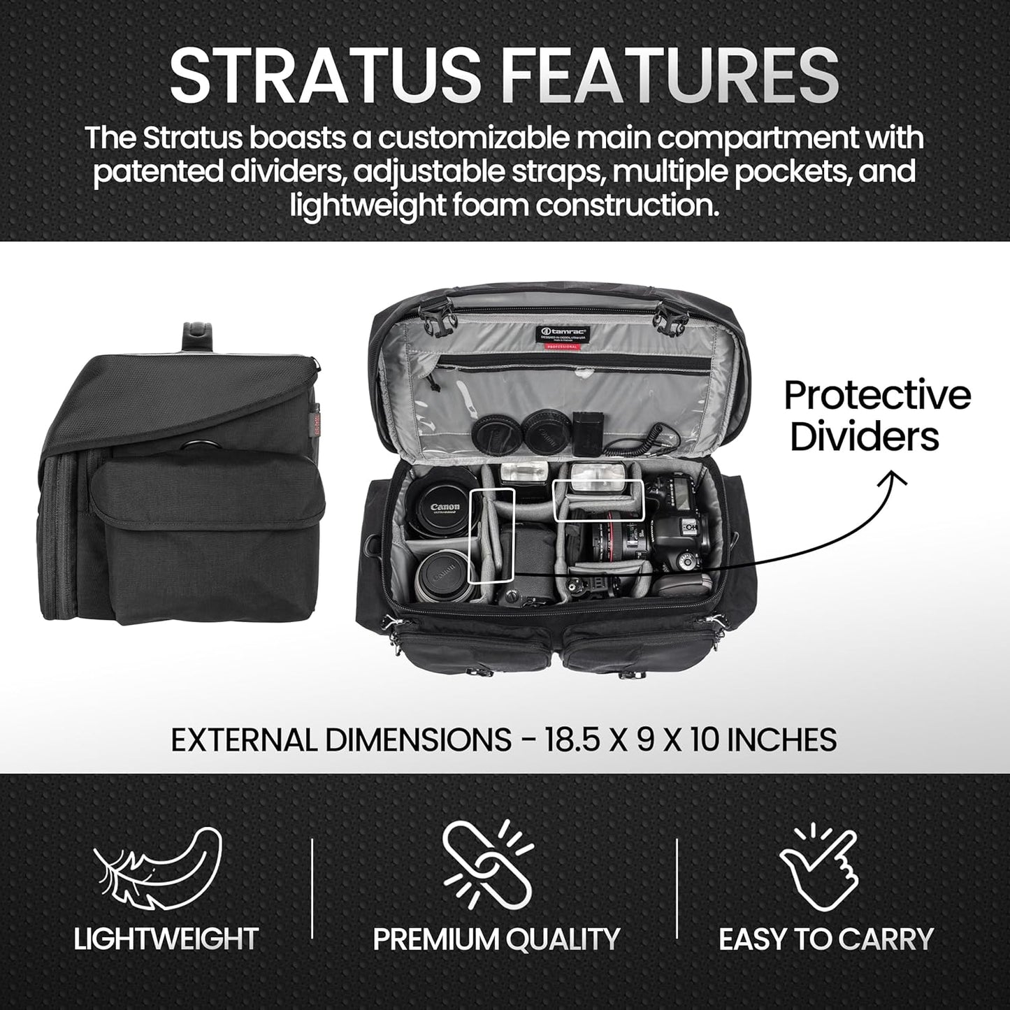 Tamrac Stratus 15 Camera Bag for Photographers, Camera Case for Photography Accessories, Shoulder Bag for DSLR and Mirrorless Cameras, Crossbody Camera Bag with Tripod Holder Strap - Black