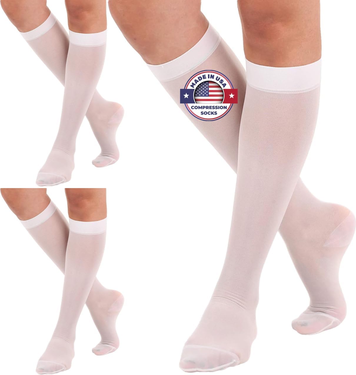 (3 Pairs - Closed Toe) Made in USA - Sheer Compression Socks for Women 15-20mmHg - Compression Stockings for Varicose Veins Circulation, Thrombosis, Embolism - White, Medium - A101WH2-3