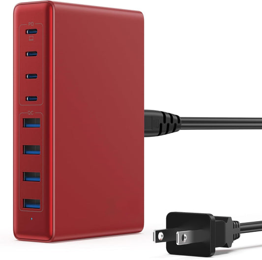 200W USB C Charger Block,8-Ports GaN III Fast Charging Station Hub,QC4.0+PD 65W Laptop Charger Wall Chargers Power Adapter for MacBook Pro/Air,DELL,Steam Desk,iPhone 17/16/15,iPad,Galaxy S25,Pixel-Red