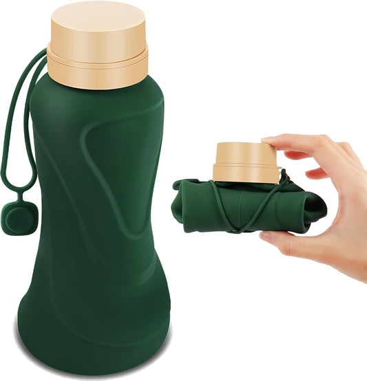 Collapsible Water Bottles,650ml,Leak Proof,Reuseable BPA Free Silicone Foldable Water Bottles,Durable Lightweight for Travel Gym Camping Hiking,Compact Size Portable Sports Water Bottle (Dark Green)