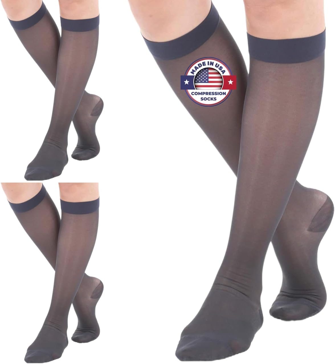 (3 Pairs - Closed Toe) Made in USA - Compression Socks for Women 15-20mmHg - Sheer Compression Knee High Stockings for Post Surgery, Pregnancy, Arthritis, Edema - Navy, Large - A101NV3-3