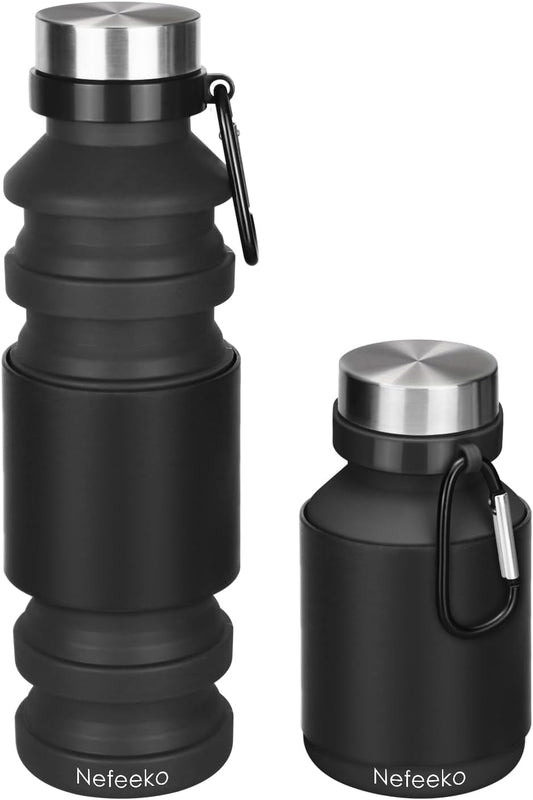 Nefeeko Collapsible Water Bottle, Reuseable BPA Free Silicone Foldable Water Bottles for Travel Gym Camping Hiking, Portable Leak Proof Sports Water Bottle with Carabiner