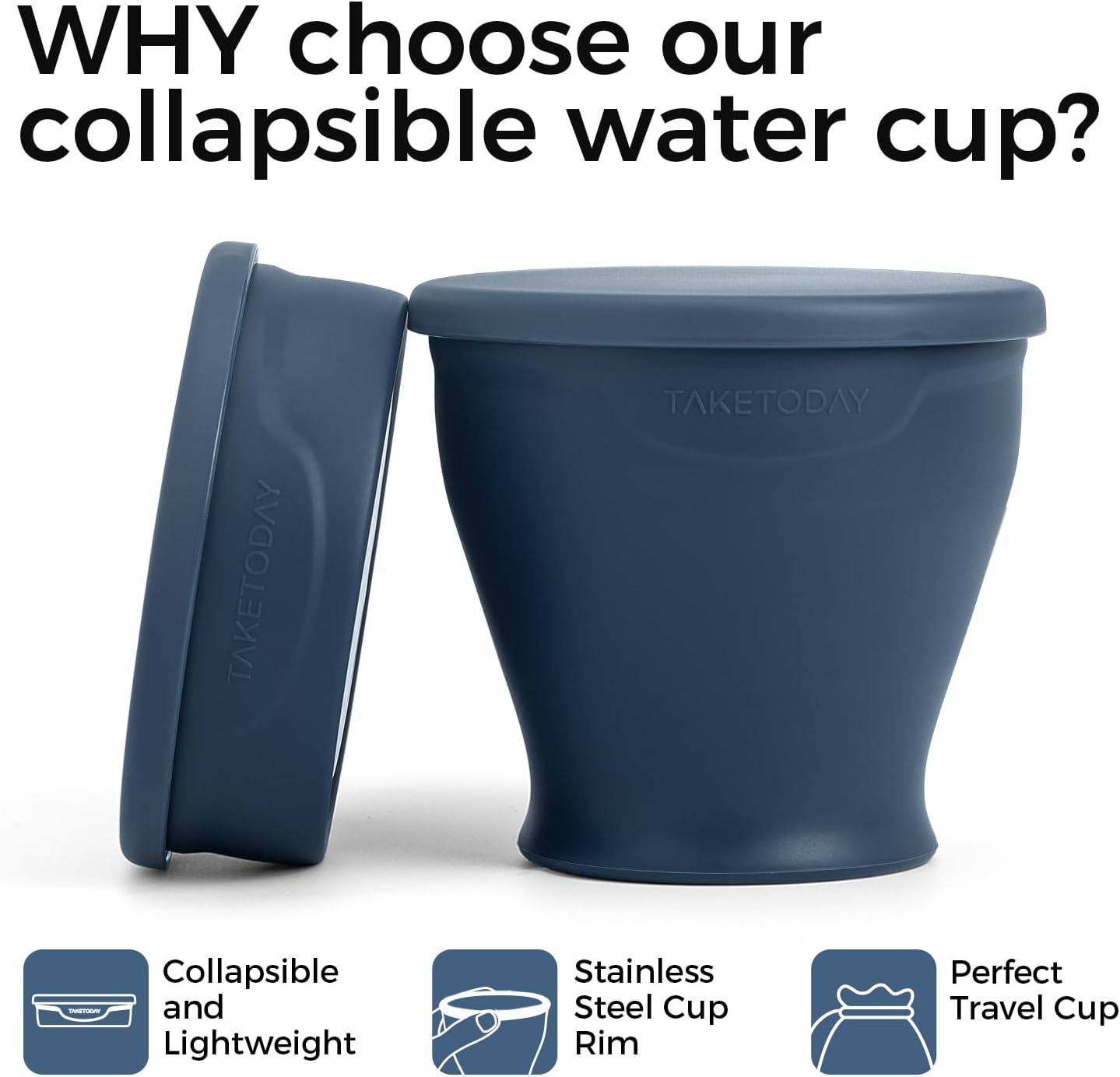 TakeToday 2PCS Collapsible Travel Cup - Silicone Foldable Water Cup, BPA-Free with Lid & Waterproof Bag - Drinking Cup Set for Camping, Outdoors & International Travel（8 Oz, Navy & Green）