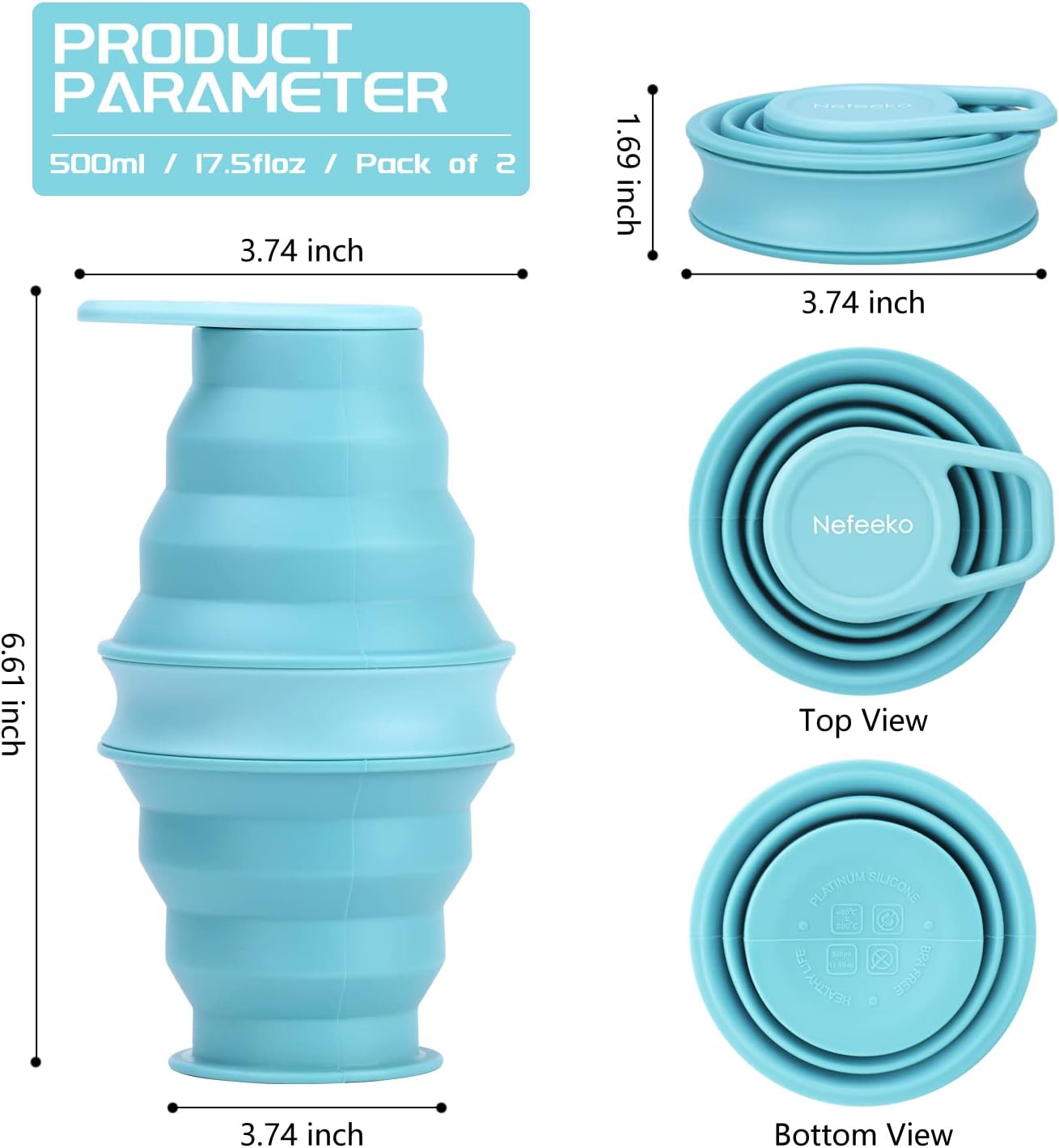 Nefeeko Collapsible Water Bottle,17oz(500ml) Reuseable BPA Free Silicone Foldable Water Bottles for Travel Gym Camping Hiking, Portable Leak Proof Sports Water Bottle with Carabiner