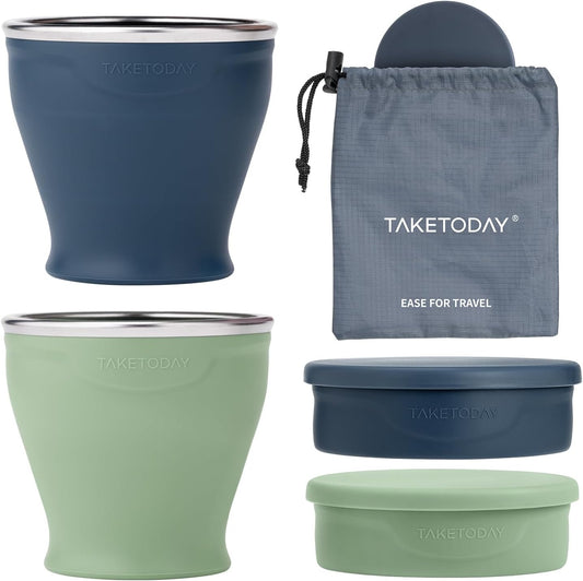 TakeToday 2PCS Collapsible Travel Cup - Silicone Foldable Water Cup, BPA-Free with Lid & Waterproof Bag - Drinking Cup Set for Camping, Outdoors & International Travel（8 Oz, Navy & Green）