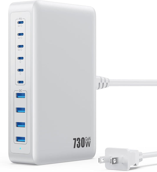 730W USB C Charger Block,10-Ports GaN V Fast Charging Station Hub,QC4.0+Three PD 100W Laptop Charger Wall Power Adapter for MacBook Pro/Air,DELL,iPhone 17/16/15,iPad,Galaxy S25,Pixel,Steam Desk etc