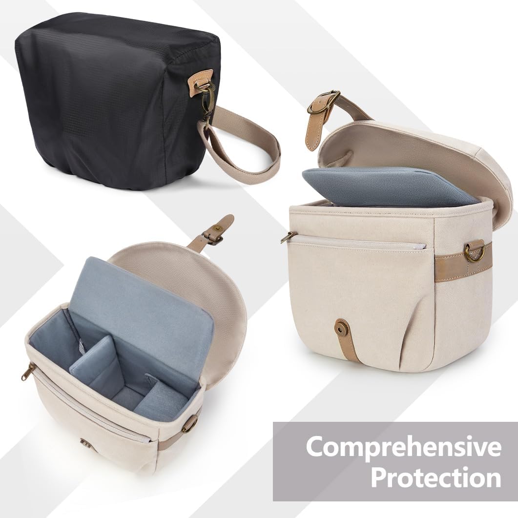 BAGSMART Camera Bag, SLR DSLR Canvas Crossbody Camera Case, Compact Camera Shoulder Bag with Rain Cover for Women and Men, Ivory White