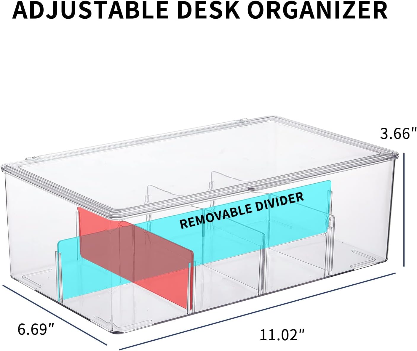 Yesesion Clear Plastic Cord Organizer Box with Adjustment Compartments, Large Cable Management Case with Lid and 10 Wire Ties for Desk Drawer, Home Office, Art Supply, Electronic Accessories (1 PACK)