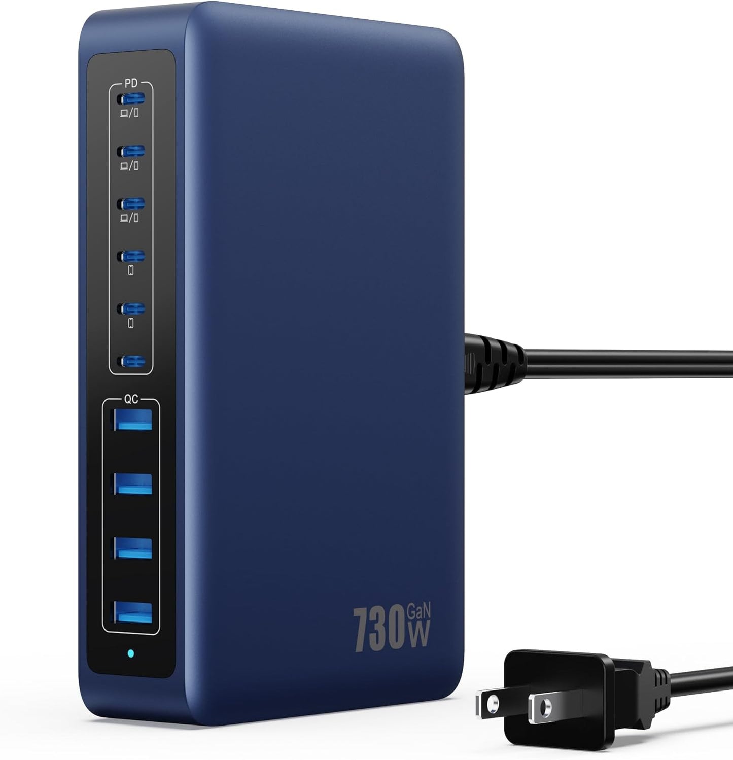 730W USB C Charger Block,10-Ports GaN V Fast Charging Station Hub,QC4.0+3 PD 100W Laptop Charger Wall Power Adapter for MacBook Pro/Air,DELL,iPhone 17/16/15/14,iPad,Galaxy S25,Pixel,Steam Desk-Navy