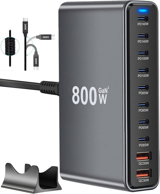 800W USB C Fast Charger Block, 10 Port USB Charging Station, GaN Ⅲ Pro Dual 140W PD PPS Port for Multiple Devices,Laptop Wall Charger Compatible with DELL, HP, MacBook Pro,iPhone 16,Galaxy S24