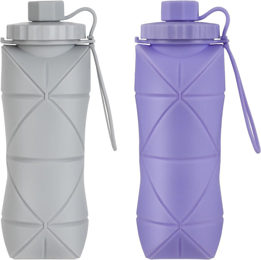 YCT Collapsible Silicone Travel Water Bottle 20oz (600ml), Reuseable Leakproof BPA Free Foldable Sports Bottle, with Carrying Strap, Light Gray + Purple