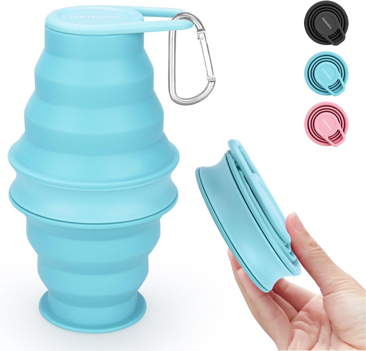 Nefeeko Collapsible Water Bottle,17oz(500ml) Reuseable BPA Free Silicone Foldable Water Bottles for Travel Gym Camping Hiking, Portable Leak Proof Sports Water Bottle with Carabiner