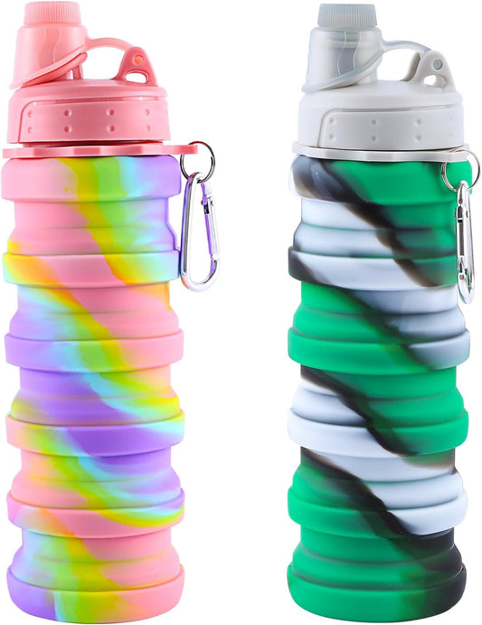 Collapsible Water Bottle for Adults, Boys, Students, Kids, Reusable Silicone Foldable Water Bottles for Travel Camping Hiking Sports,Leak-Proof Portable Sports Water Bottle (Pink & Green)