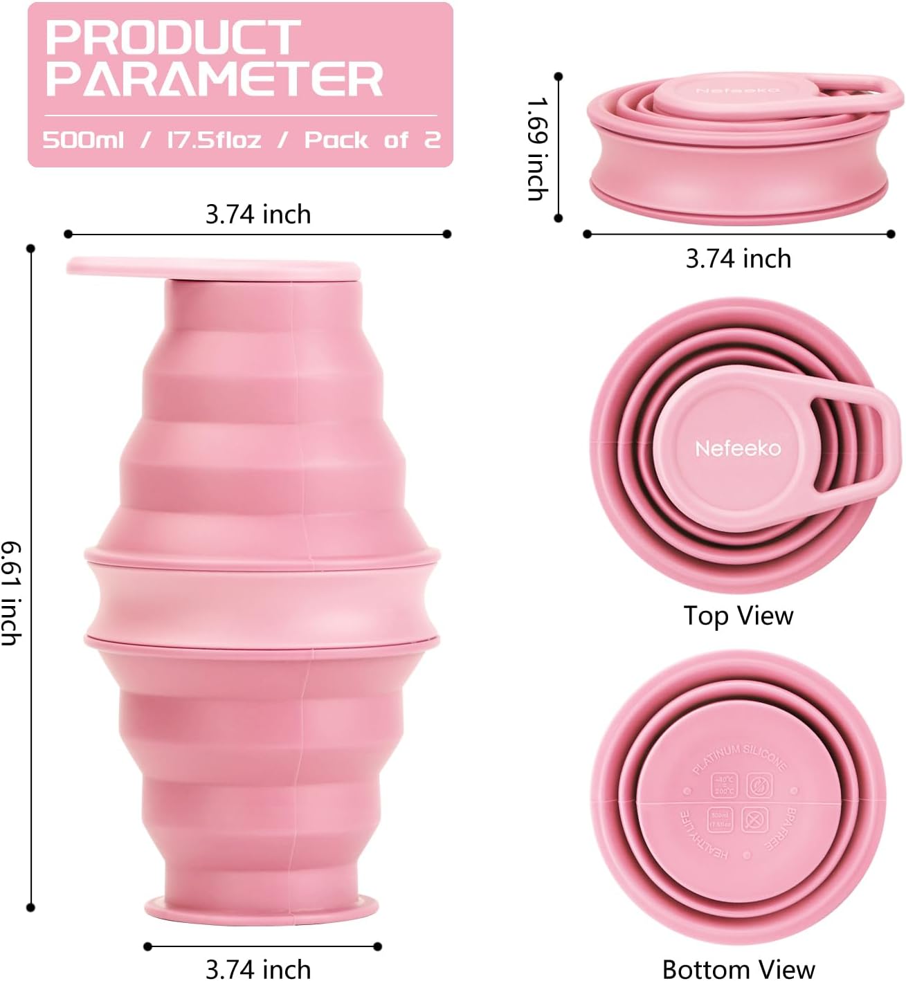 Nefeeko Collapsible Water Bottle,17oz(500ml) Reuseable BPA Free Silicone Foldable Water Bottles for Travel Gym Camping Hiking, Portable Leak Proof Sports Water Bottle with Carabiner