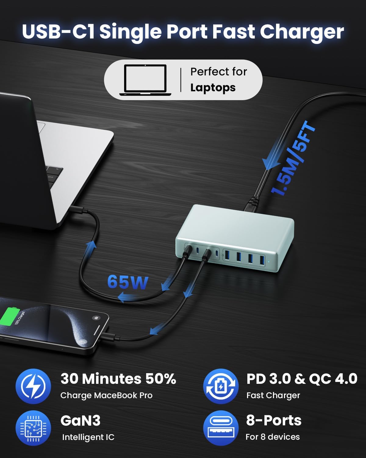 200W USB C Charger Block,8-Ports GaN III Fast Charging Station Hub,PD 65W Laptop Charger Wall Chargers Power Adapter for MacBook Pro/Air,DELL,Steam Desk,iPhone 17/16,Galaxy S25,Pixel-Light Blue