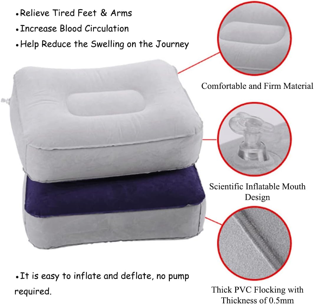 Inflatable Travel Foot Rest Pillow, Head Pad, Soft Flocking Pillow, Flights Relax Cushion Ottomans Leg Up with Air Pump for Office, Home Relax, Camping and Travel Use (Gray) 1PCS