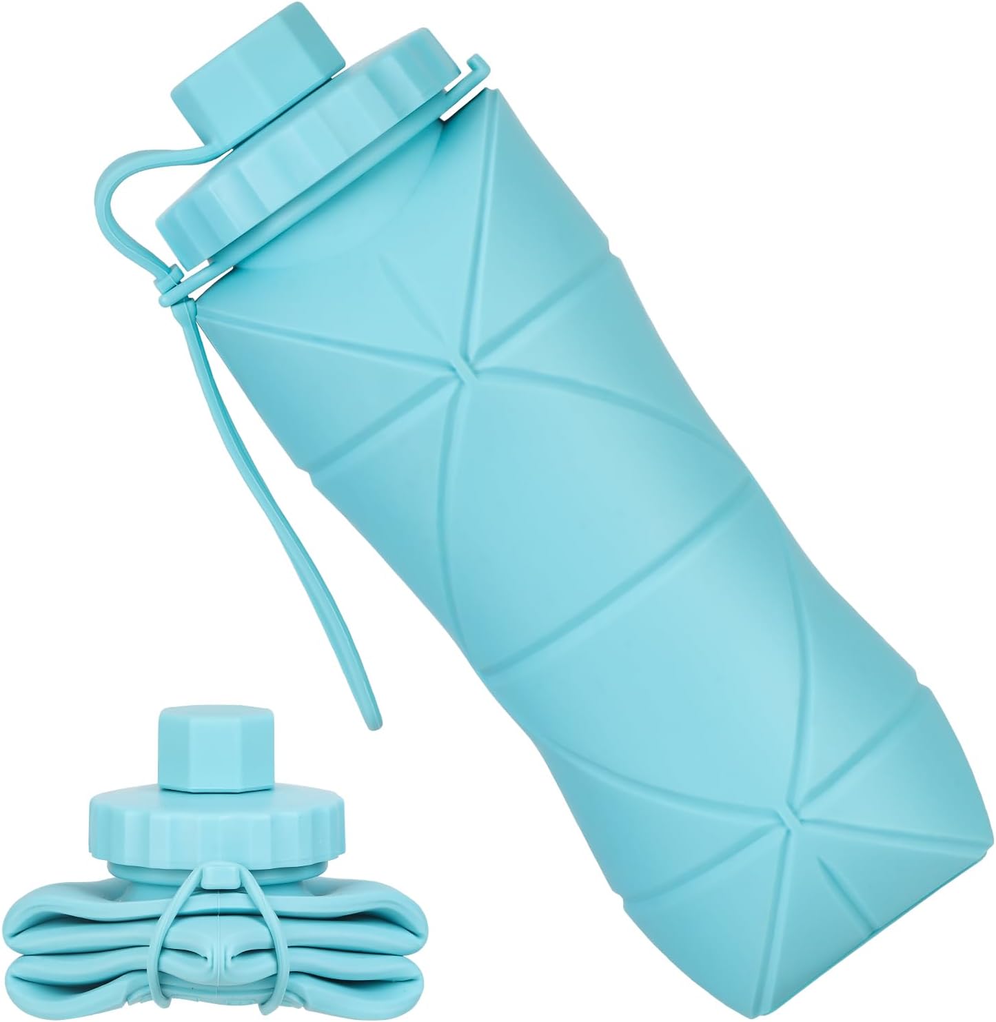 YCT Collapsible Silicone Travel Water Bottle 20oz (600ml), Reuseable Leakproof BPA Free Foldable Sports Bottle, with Carrying Strap, Blue