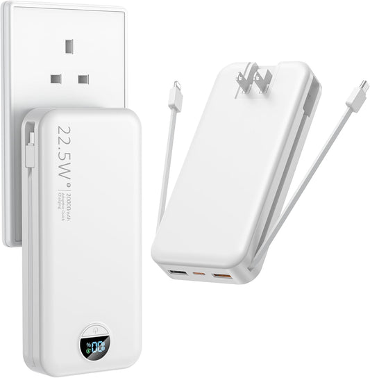Portable Charger with Wall Plug, 20000mAh USB C Power Bank Fast Charging, External Battery Pack with Built in Cables, Digital Display, 5 Output 2 Input for iPhone Android Cell Phone Tablet