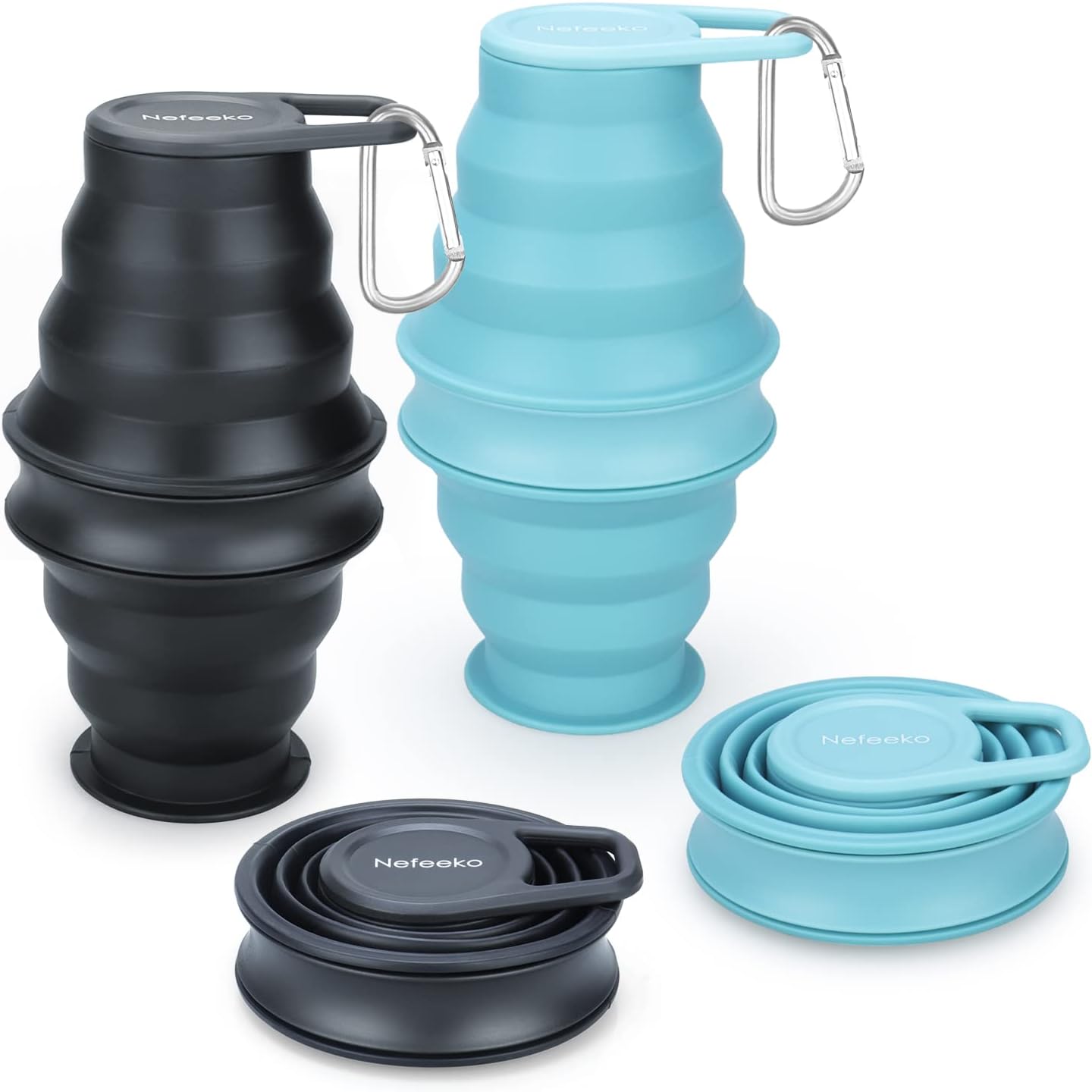 Nefeeko Collapsible Water Bottle,17oz(500ml) Reuseable BPA Free Silicone Foldable Water Bottles for Travel Gym Camping Hiking, Portable Leak Proof Sports Water Bottle with Carabiner