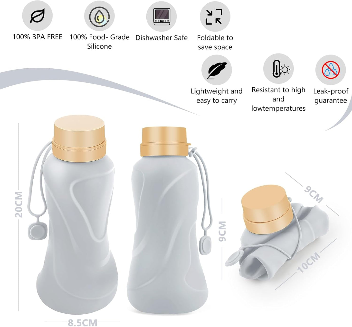 Collapsible Water Bottles 2 Pack,Leak Proof,Reuseable BPA Free Silicone Foldable Water Bottles,Durable Lightweight for Travel Gym Camping Hiking,Compact Size Portable Sports Water Bottle (Black&Grey)