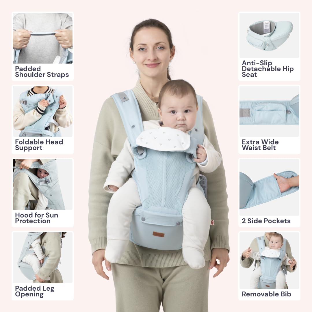 BabbleRoo Grow Carrier – 6-in-1 Baby Carrier with Hip Seat, Ergonomic, Cozy & Adjustable Toddler Carrier 7-50 lbs with Hip & Lumbar Support, Hood for Sun Protection, Newborn to Toddler, Seafoam