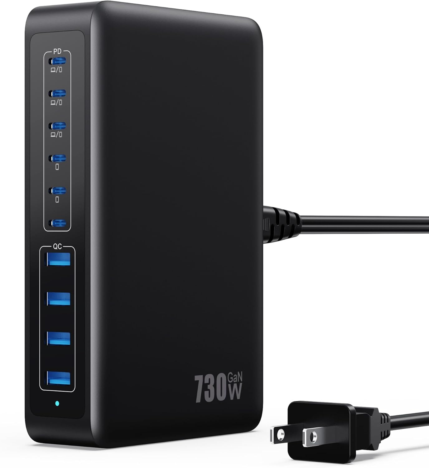 730W USB C Charger Block,10-Ports GaN V Fast Charging Station Hub,QC4.0+3 PD 100W Laptop Charger Wall Power Adapter for MacBook Pro/Air,DELL,iPhone 17/16/15/14,iPad,Galaxy S25,Pixel,Steam Desk-Black