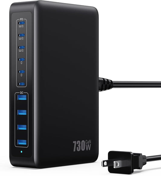 730W USB C Charger Block,10-Ports GaN V Fast Charging Station Hub,QC4.0+3 PD 100W Laptop Charger Wall Power Adapter for MacBook Pro/Air,DELL,iPhone 17/16/15/14,iPad,Galaxy S25,Pixel,Steam Desk-Black