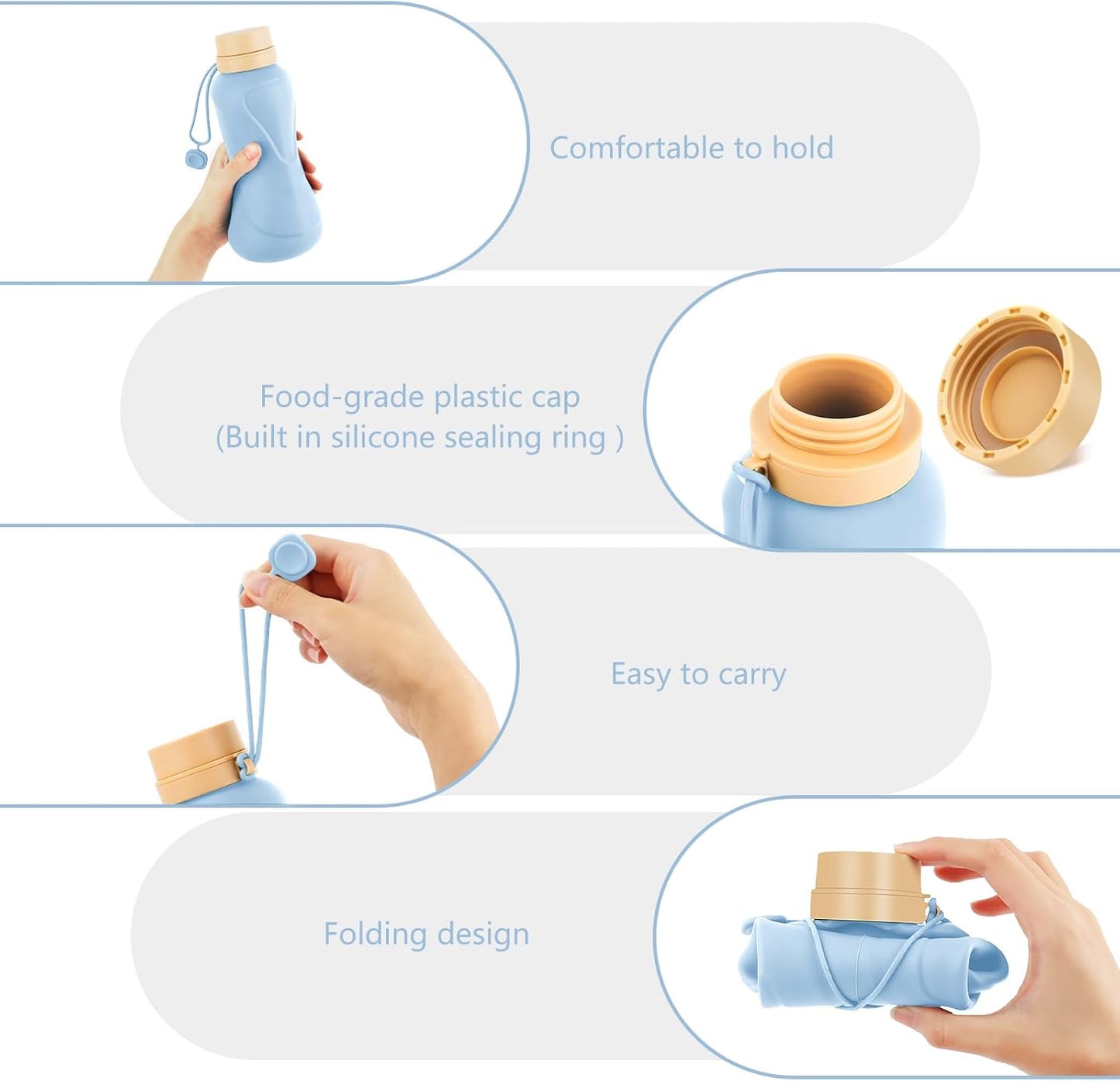 Collapsible Water Bottles,650ml,Leak Proof,Reuseable BPA Free Silicone Foldable Water Bottles,Durable Lightweight for Travel Gym Camping Hiking,Compact Size Portable Sports Water Bottle (Blue)