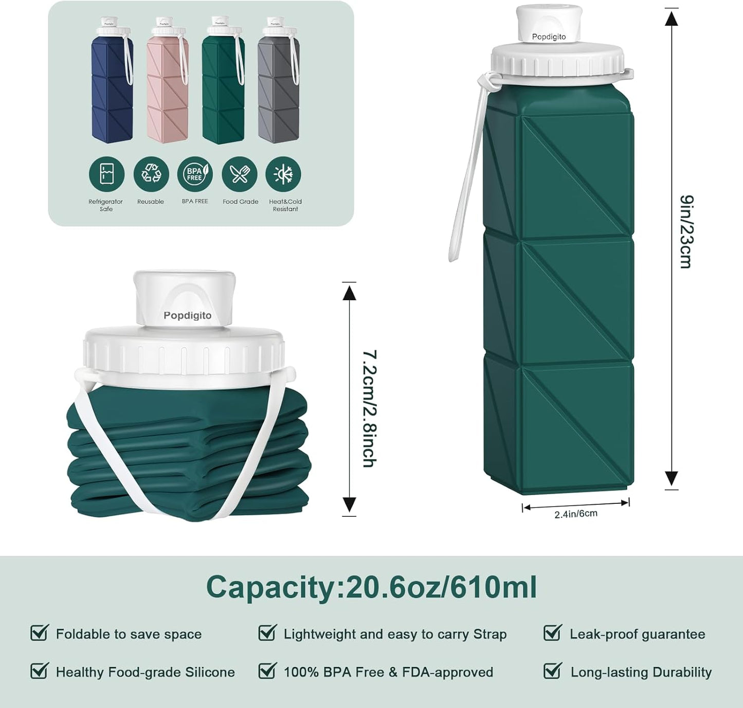 Portable Collapsible Water Bottles,BPA Free Food-Grade Silicone Reusable water Bottle For Outdoor Travel Hiking Sports,Compact,Lightweight Easy To Carry,Leakproof Water Bottles,Dark Green