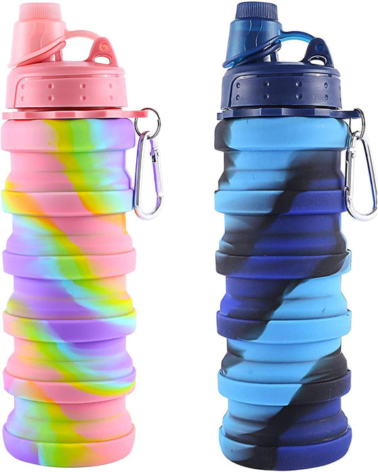 Collapsible Water Bottle for Adults, Boys, Students, Kids, Reusable Silicone Foldable Water Bottles for Travel Camping Hiking Sports,Leak-Proof Portable Sports Water Bottle (Pink & Blue)