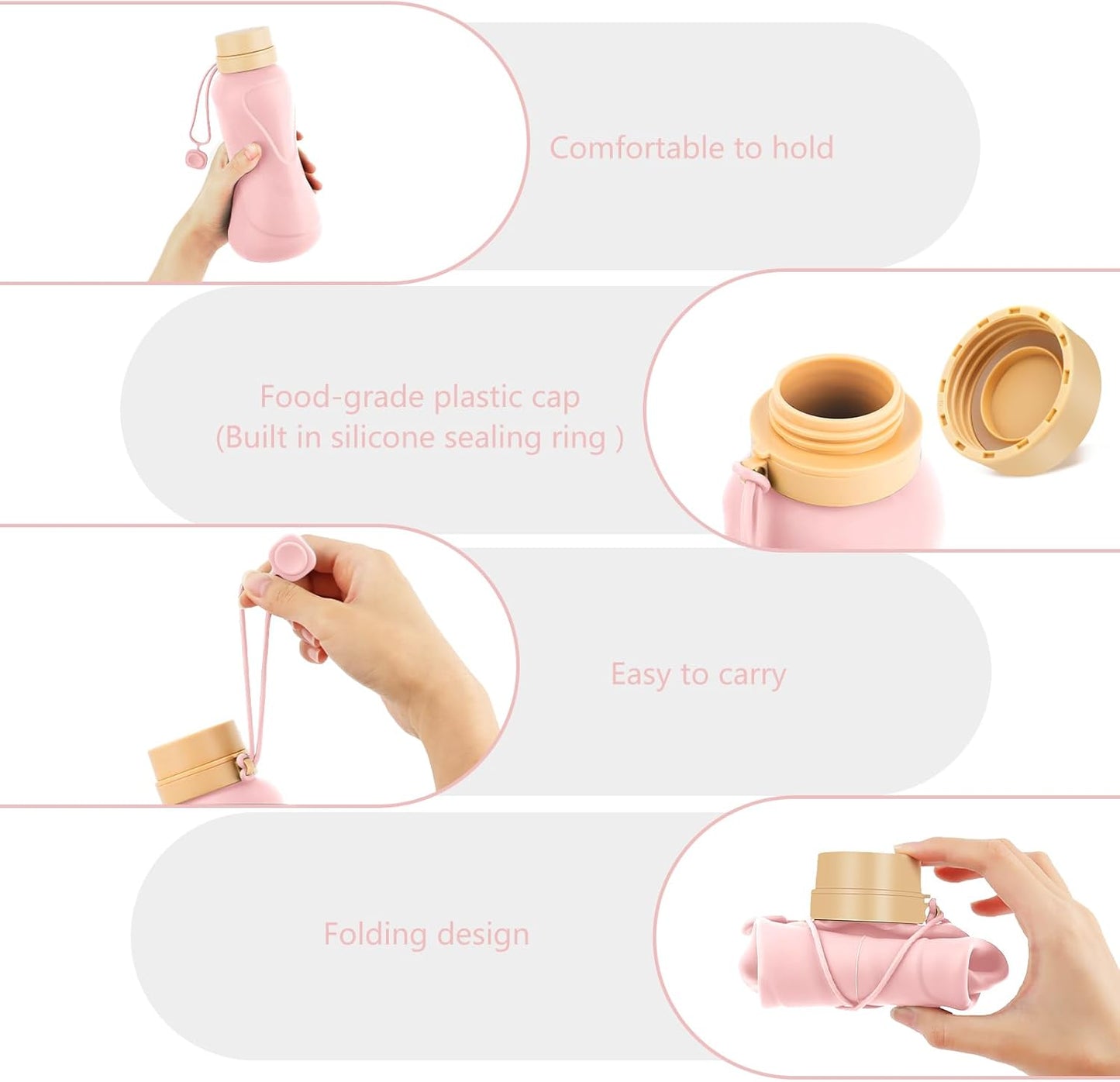 Collapsible Water Bottles 2 Pack,Leak Proof,Reuseable BPA Free Silicone Foldable Water Bottles,Durable Lightweight for Travel Gym Camping Hiking,Compact Size Portable Sports Water Bottle (Pink&Blue)